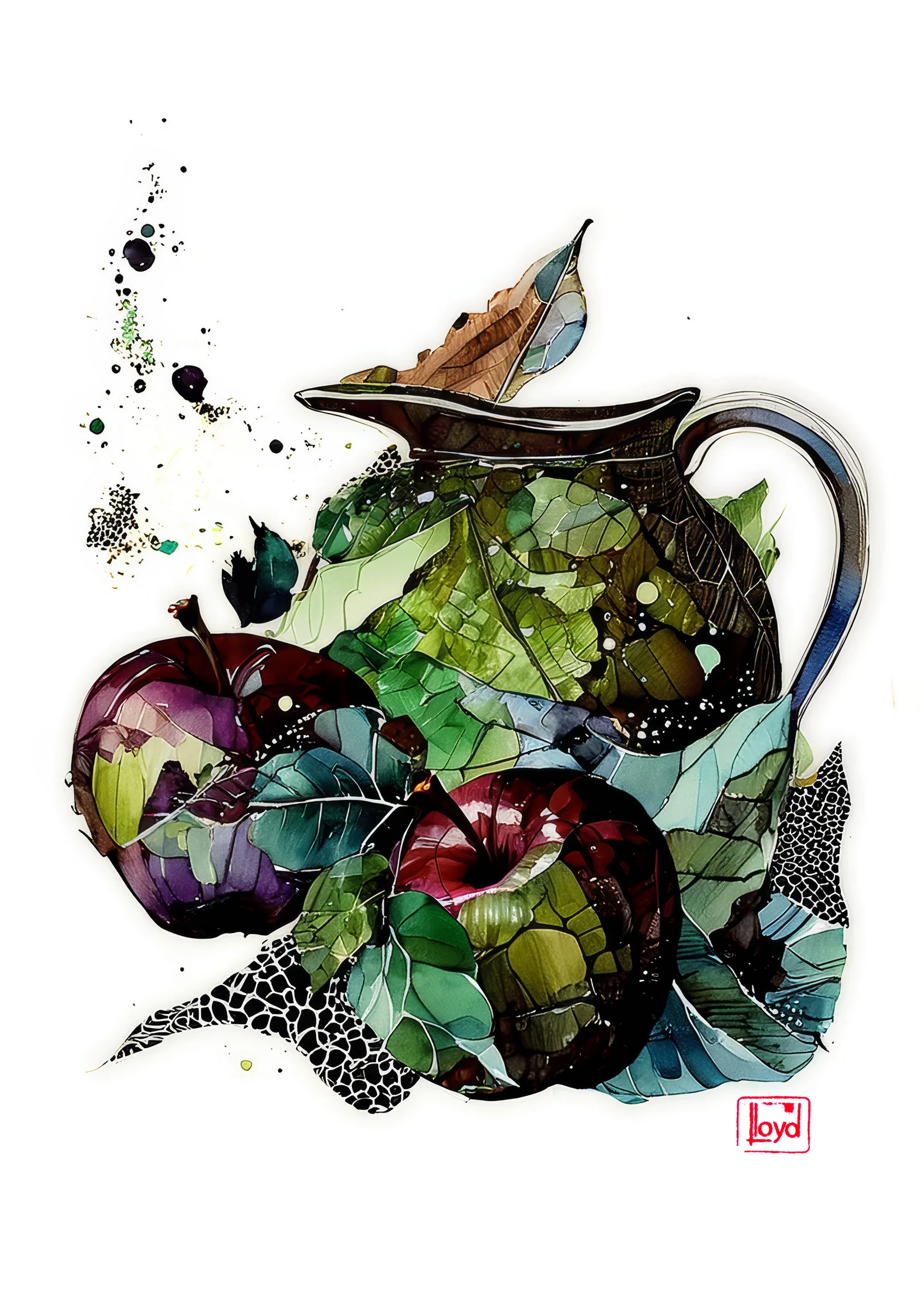 202501 Apples and Jug with Leaf Motif